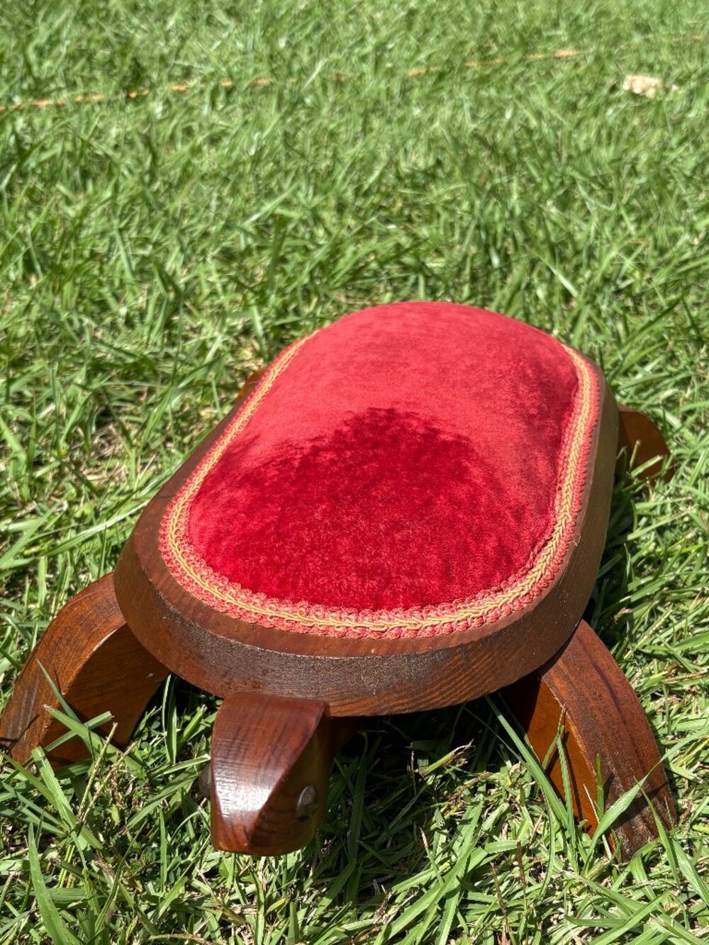 Vintage Wooden Turtle Footstool Red Velvet Upholstered Ottoman Folk Art 21"